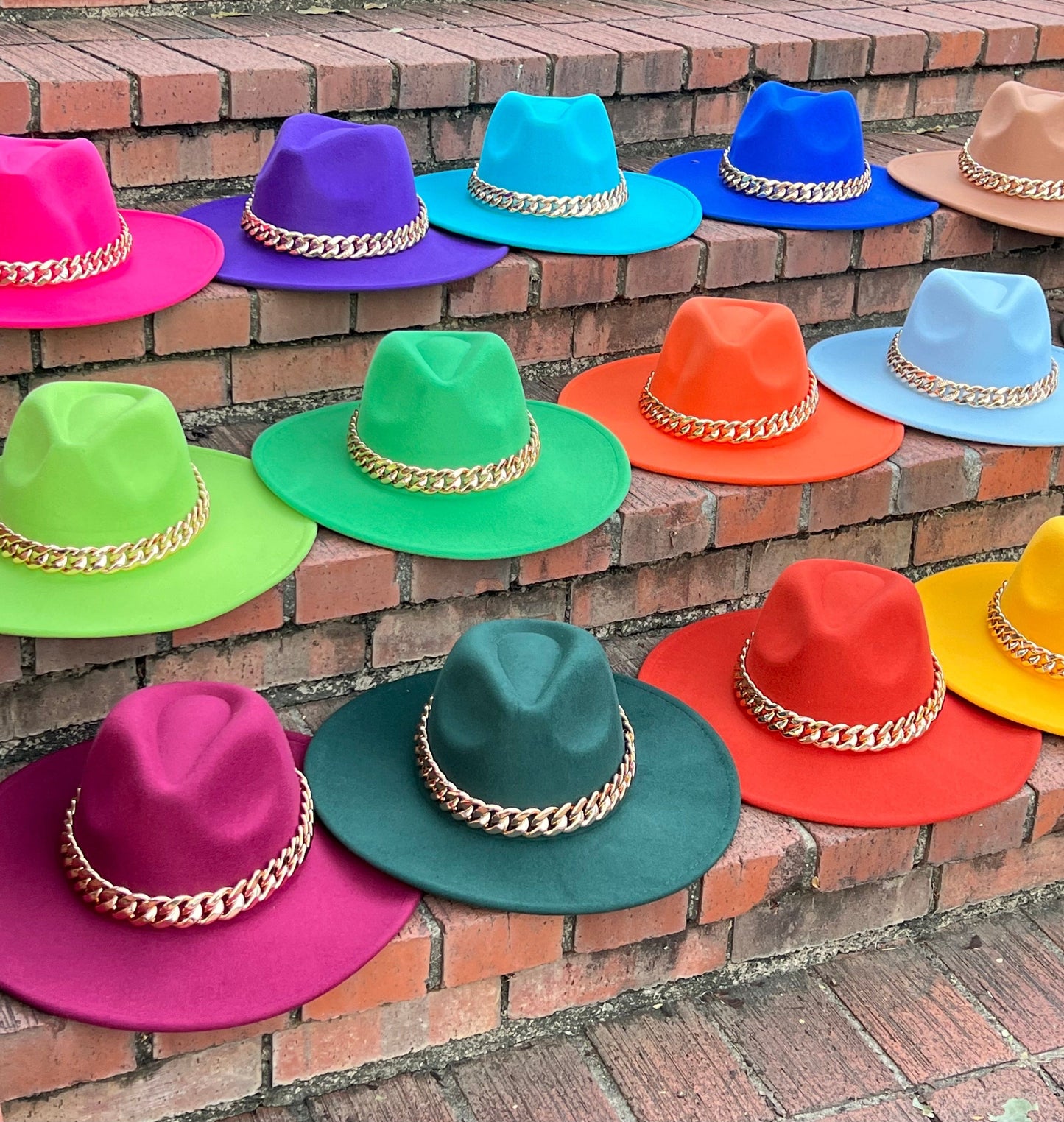 Wide XL Brim Fedora with Chain- pink