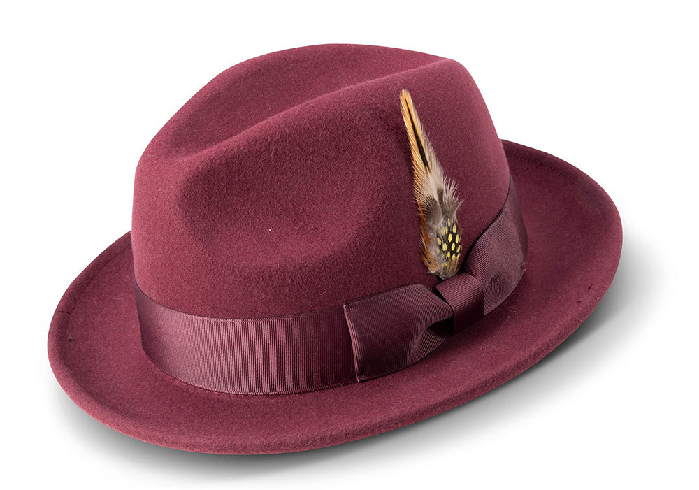 Men's Wine Wool Felt Fedora Hat Snap Brim Crushable
