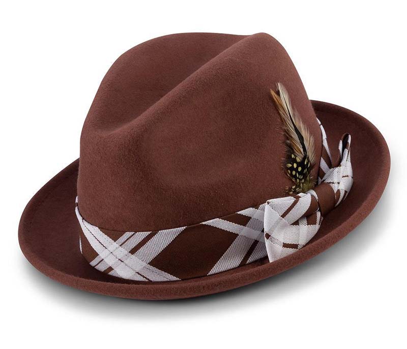 Cognac 2 Brim Plaid Ribbon Wool Felt Dress Hat