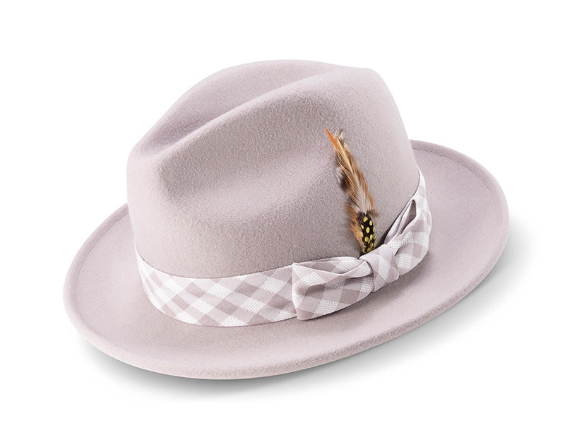 Ash Gray Wool Felt Dress Hat with Feather Accent