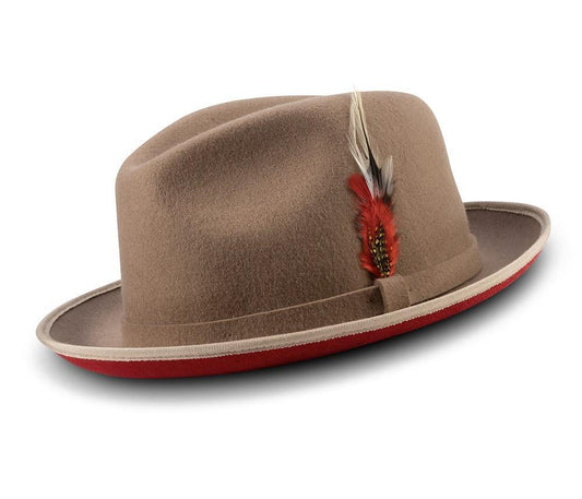 2  Brim Wool Felt Dress Hat with Feather Accent Tan with Red Bottom