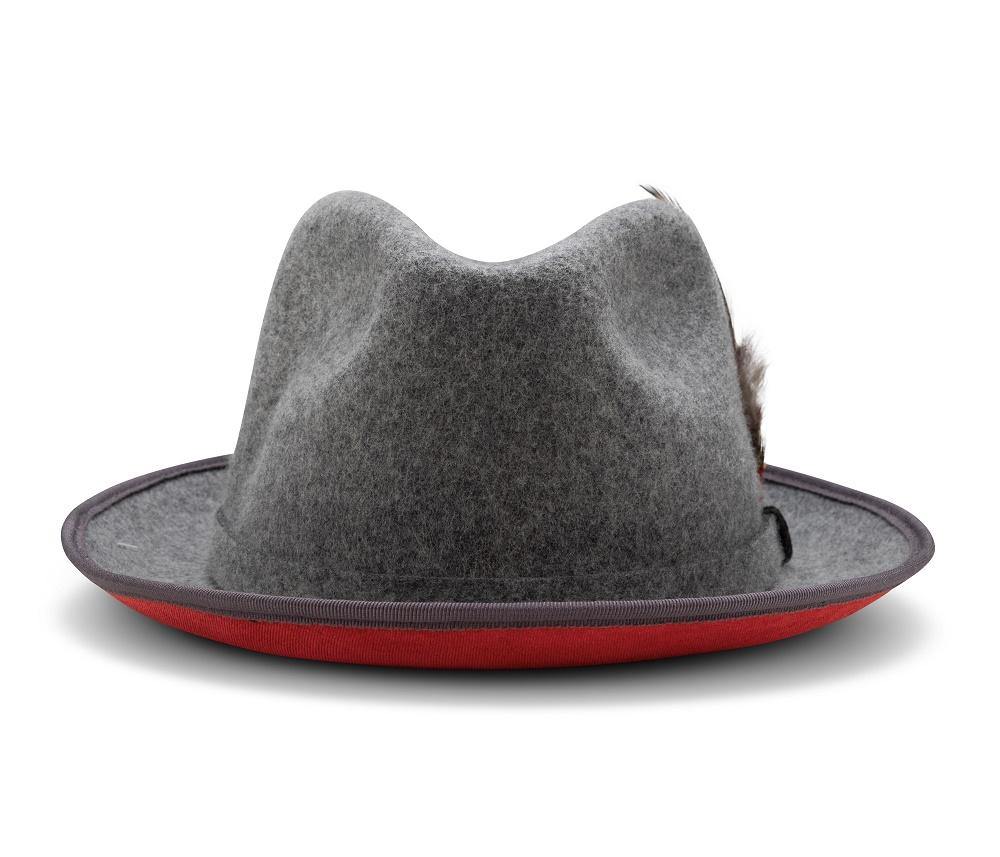 2 Brim Wool Felt Dress Hat with Feather Accent Gray with Red Bottom