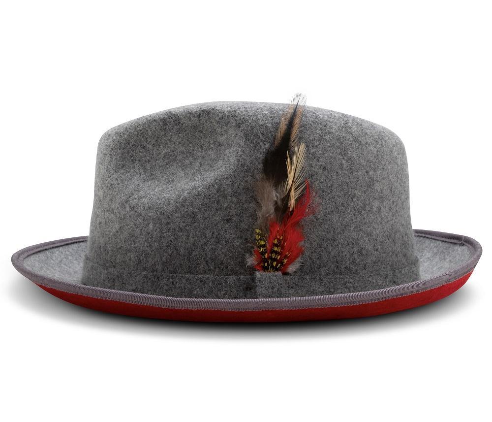 2 Brim Wool Felt Dress Hat with Feather Accent Gray with Red Bottom