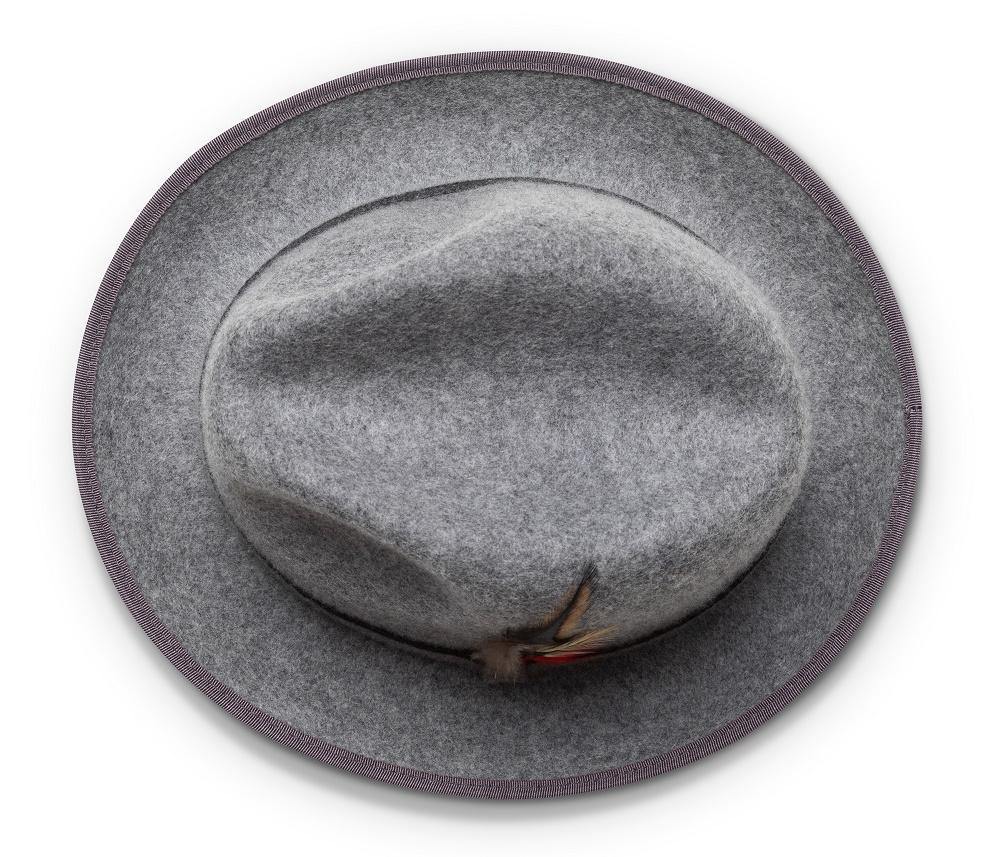 2 Brim Wool Felt Dress Hat with Feather Accent Gray with Red Bottom
