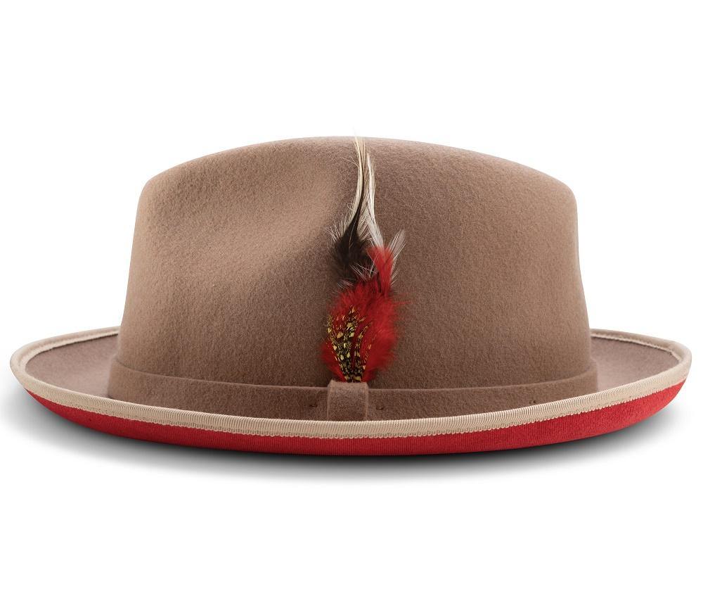 2  Brim Wool Felt Dress Hat with Feather Accent Tan with Red Bottom