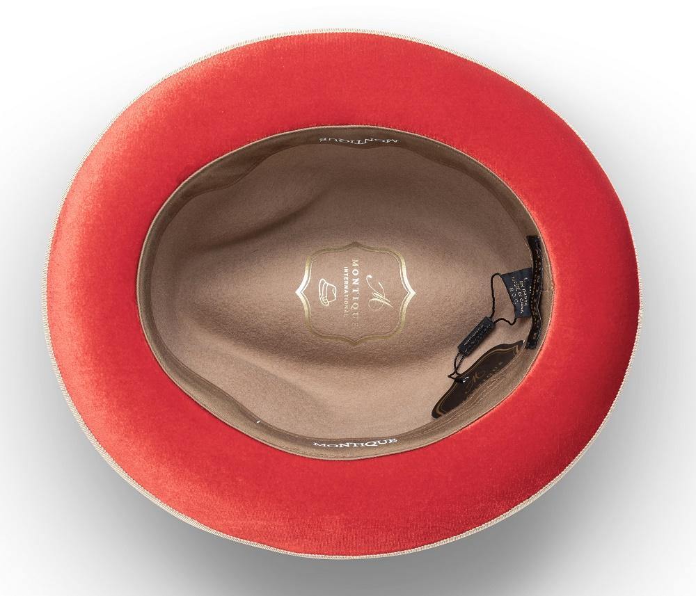 2  Brim Wool Felt Dress Hat with Feather Accent Tan with Red Bottom