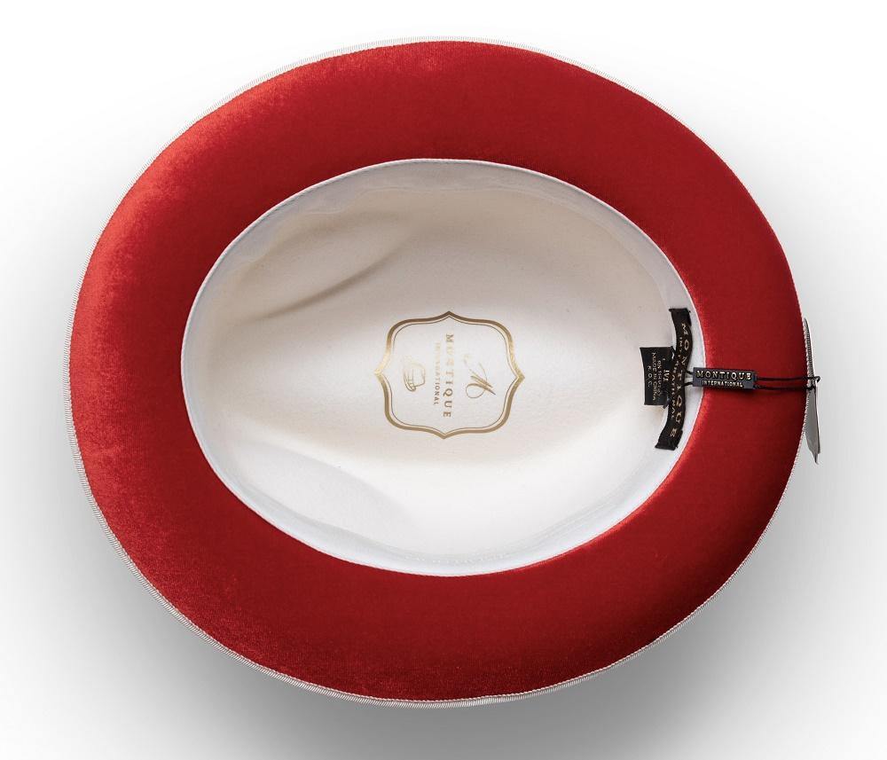 2 Brim Wool Felt Dress Hat with Feather Accent White with Red Bottom