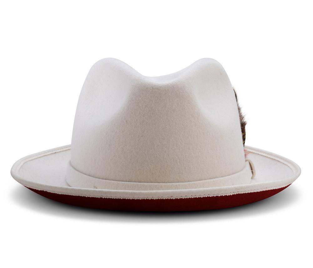 2 Brim Wool Felt Dress Hat with Feather Accent White with Red Bottom
