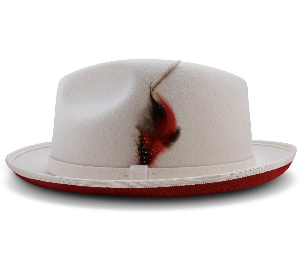 2 Brim Wool Felt Dress Hat with Feather Accent White with Red Bottom