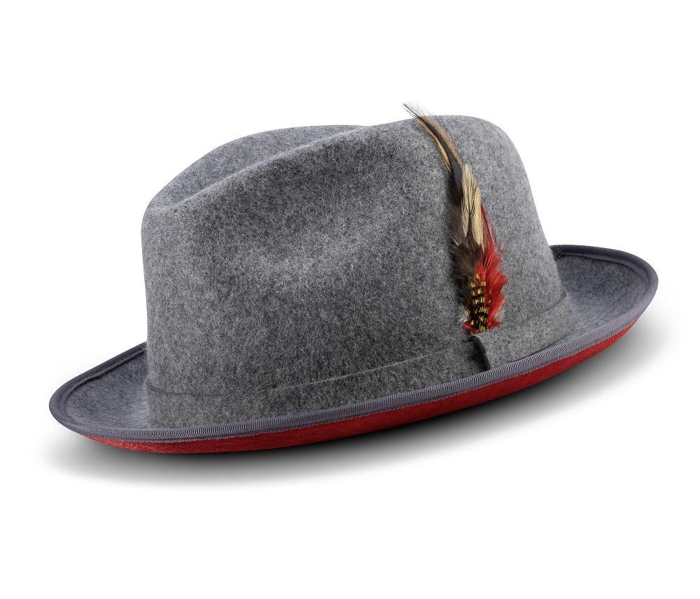 2 Brim Wool Felt Dress Hat with Feather Accent Gray with Red Bottom