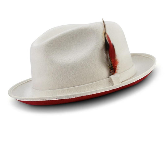 2  Brim Wool Felt Dress Hat with Feather Accent White with Red Bottom
