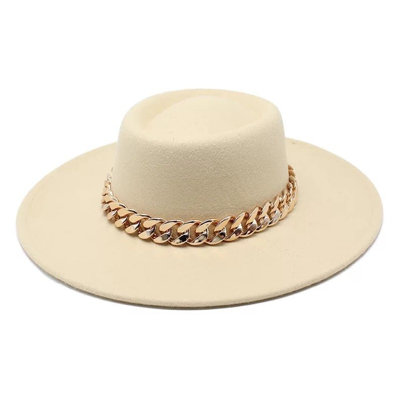 Cream Round Wide Brim chain Fedora