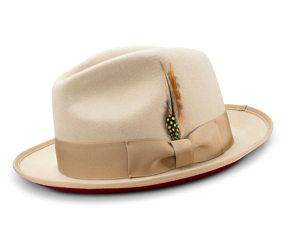 2  Brim Wool Felt Dress Hat with Feather Accent Beige with Red Bottom
