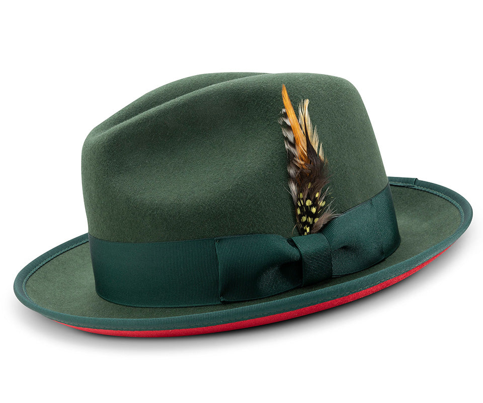 2  Brim Wool Felt Dress Hat with Feather Accent Hunter Green with Red Bottom