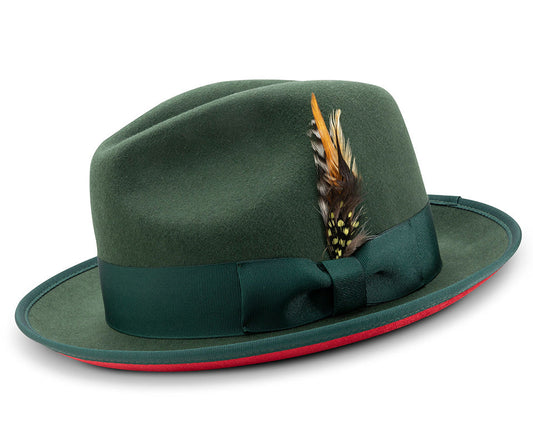 2  Brim Wool Felt Dress Hat with Feather Accent Hunter Green with Red Bottom