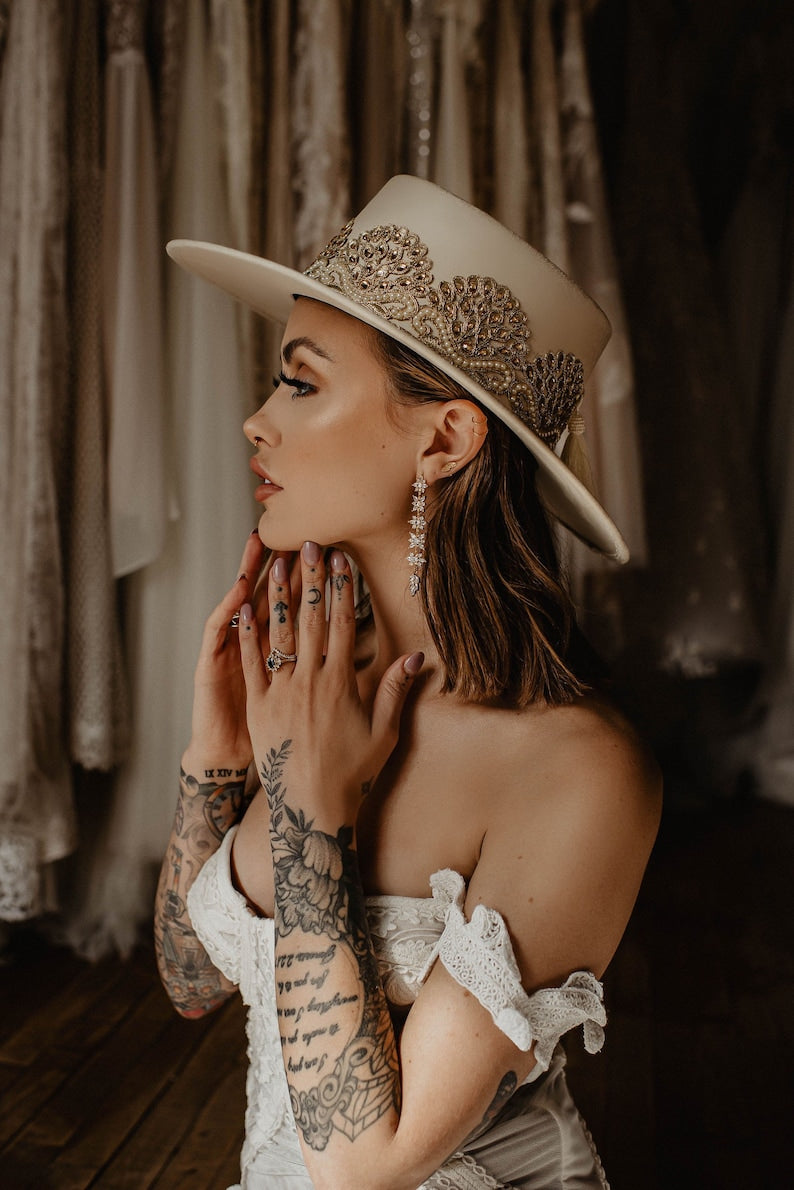 Bridal collection boater suede hat “I DO” in ivory/gold