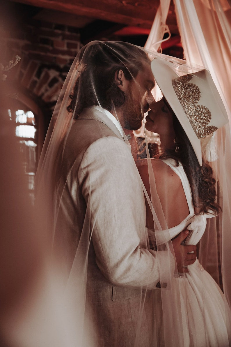 Bridal collection boater suede hat “I DO” in ivory/gold