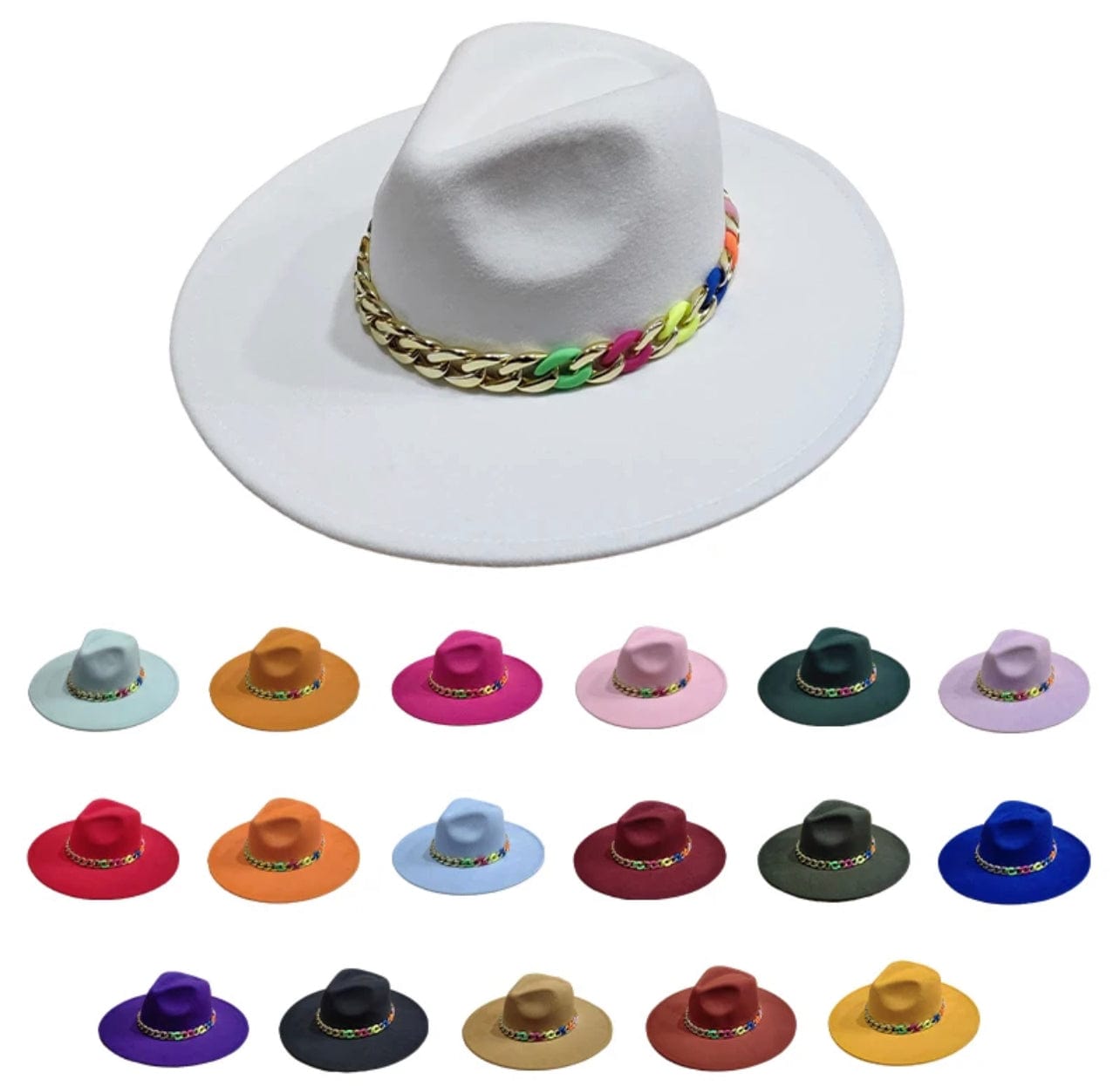 Wide Brim Fedora with colorful chain-Blue