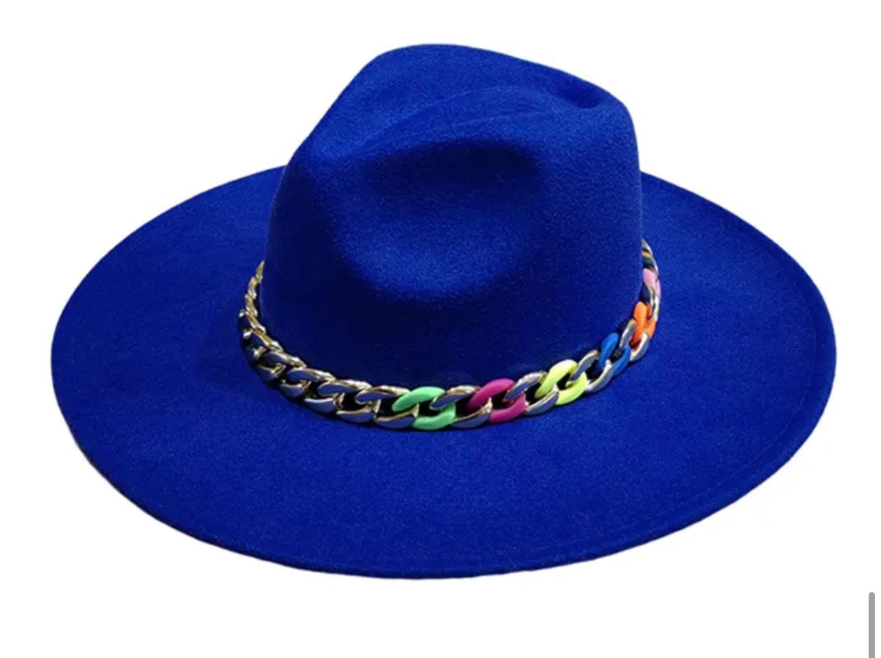 Wide Brim Fedora with colorful chain-Blue