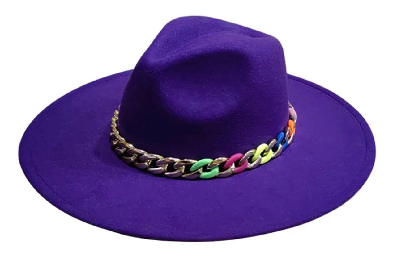 Wide Brim Fedora with colorful chain-Purple