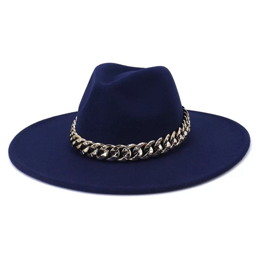 Wide XL Brim Fedora with Chain-Navy Blue