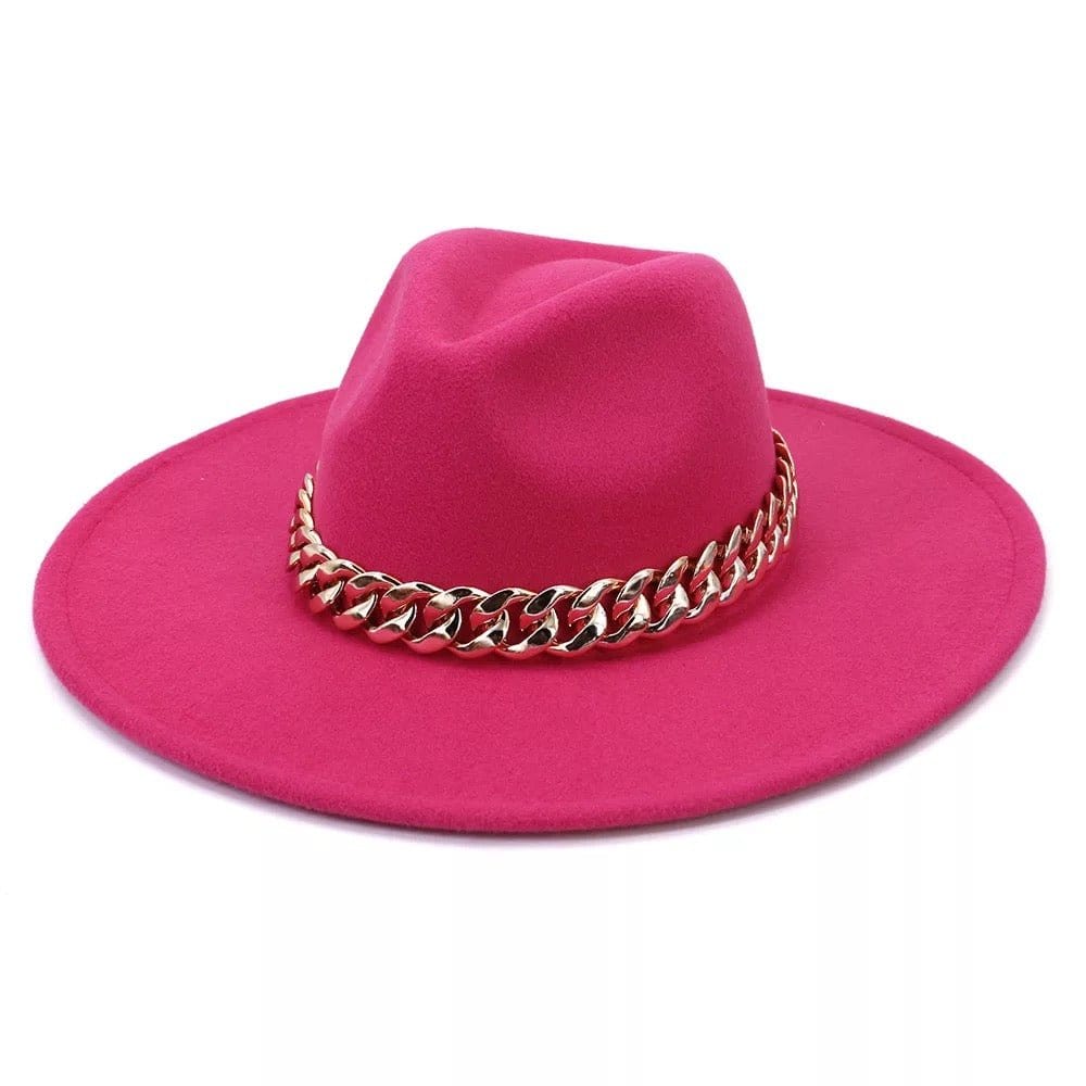Wide XL Brim Fedora with Chain- pink