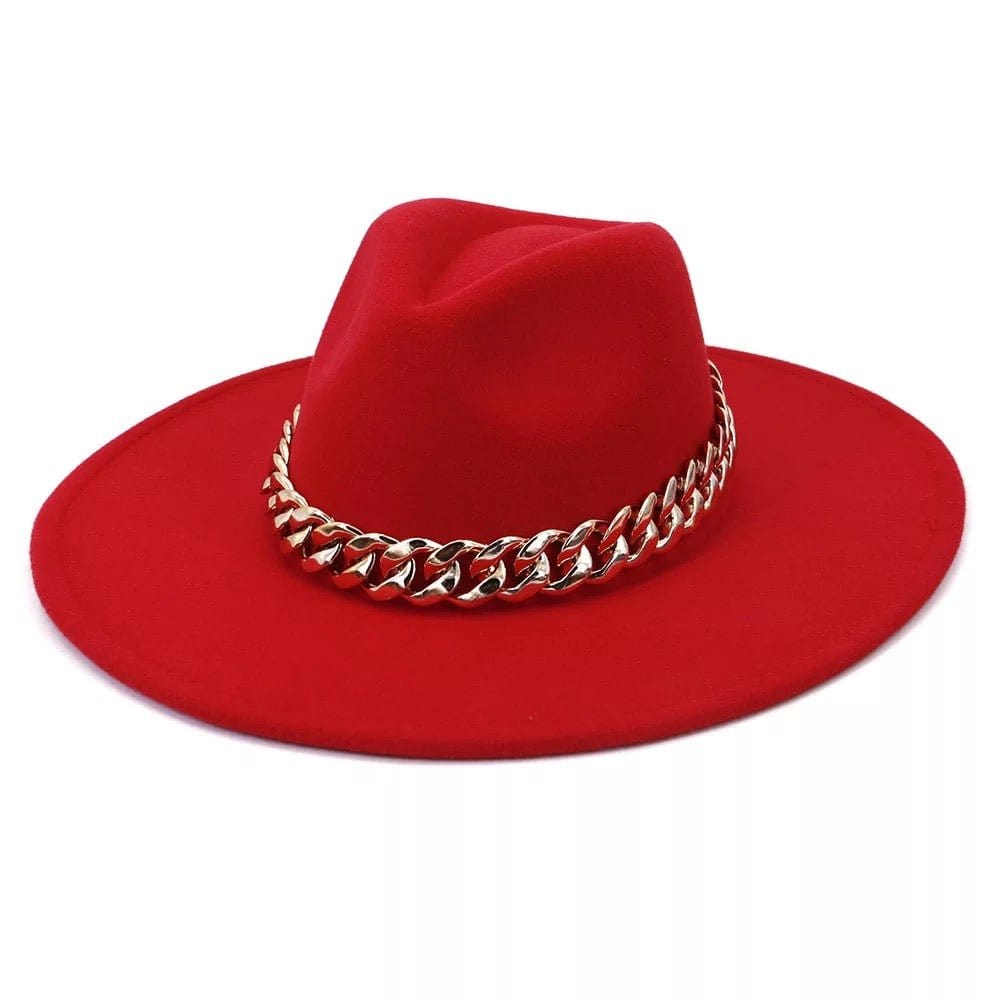 Wide XL Brim Fedora with Chain- red