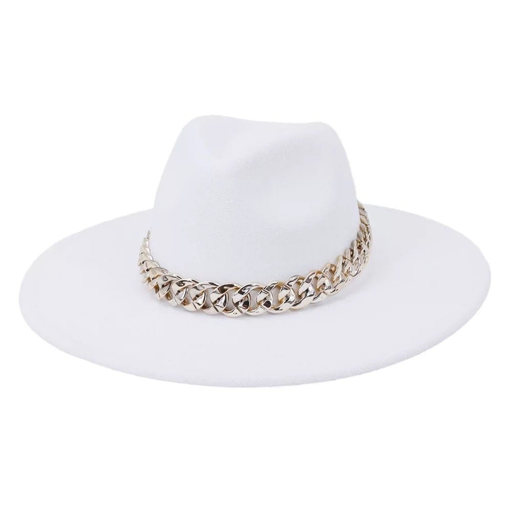 Wide XL Brim Fedora with Chain-white