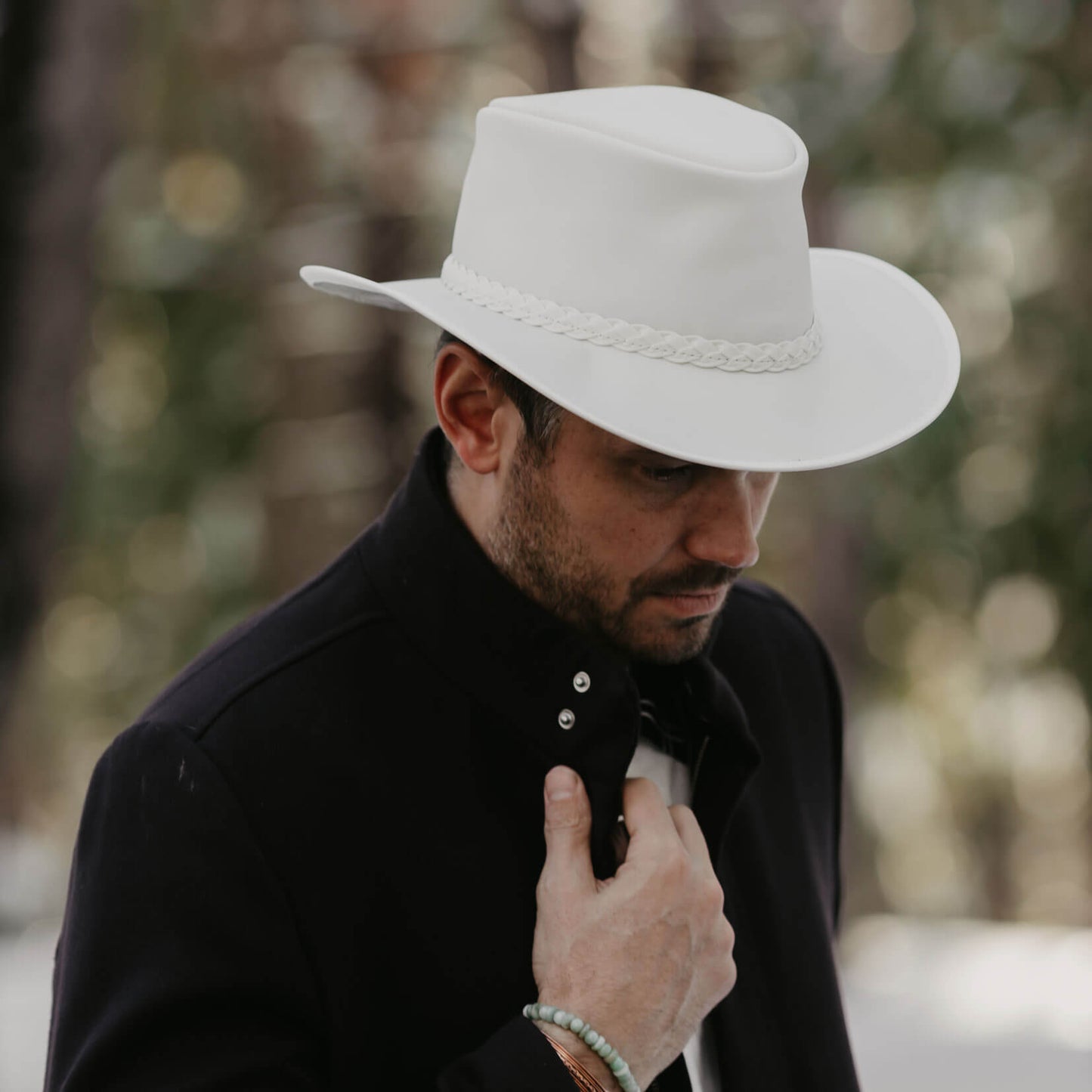 Avalanche - White Leather Outback Hat