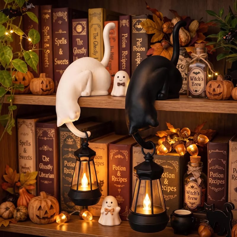 🐈‍Whimsical Cat Shelf Sitter with LED Lantern – Cute Bookshelf Decor & Handy Key Hook