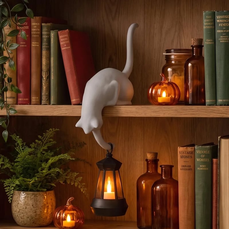 🐈‍Whimsical Cat Shelf Sitter with LED Lantern – Cute Bookshelf Decor & Handy Key Hook