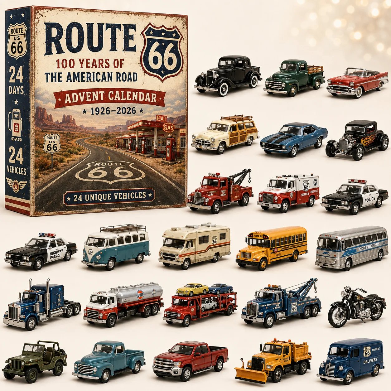 Route 66 Centennial Advent Calendar – 24 Days of American Road Legends | 1926–2026 Collector's Edition