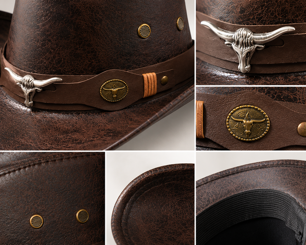 Vintage Faux Leather Western Cowboy Hat – Wide Brim Fedora for Men & Women