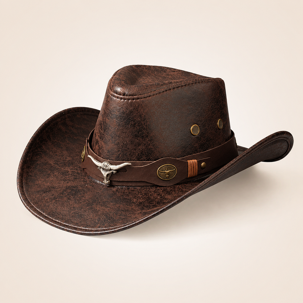 Vintage Faux Leather Western Cowboy Hat – Wide Brim Fedora for Men & Women