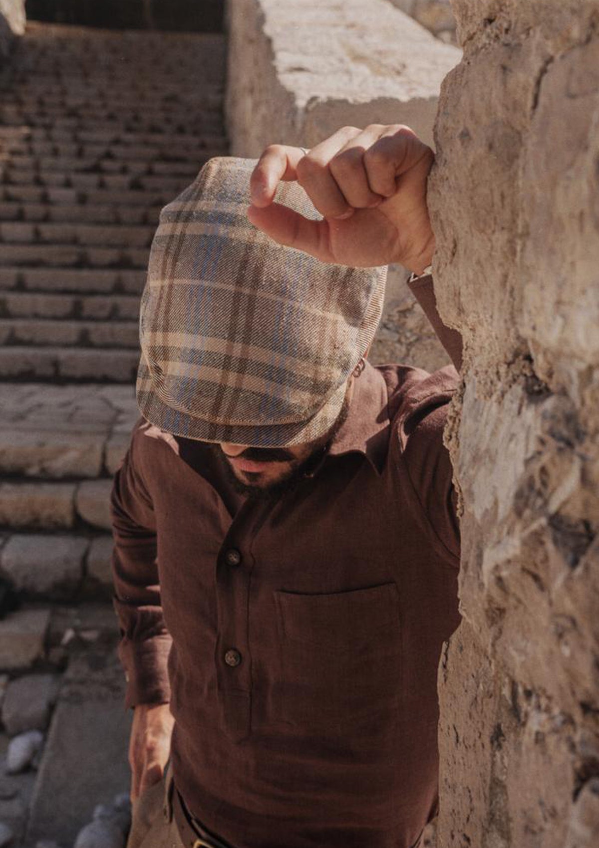Geary Flat Cap - Brown & Light Blue Check