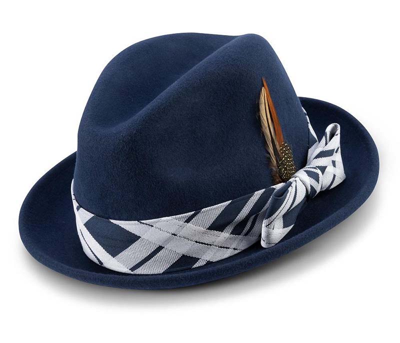 Navy 2 Brim Plaid Ribbon Wool Felt Dress Hat