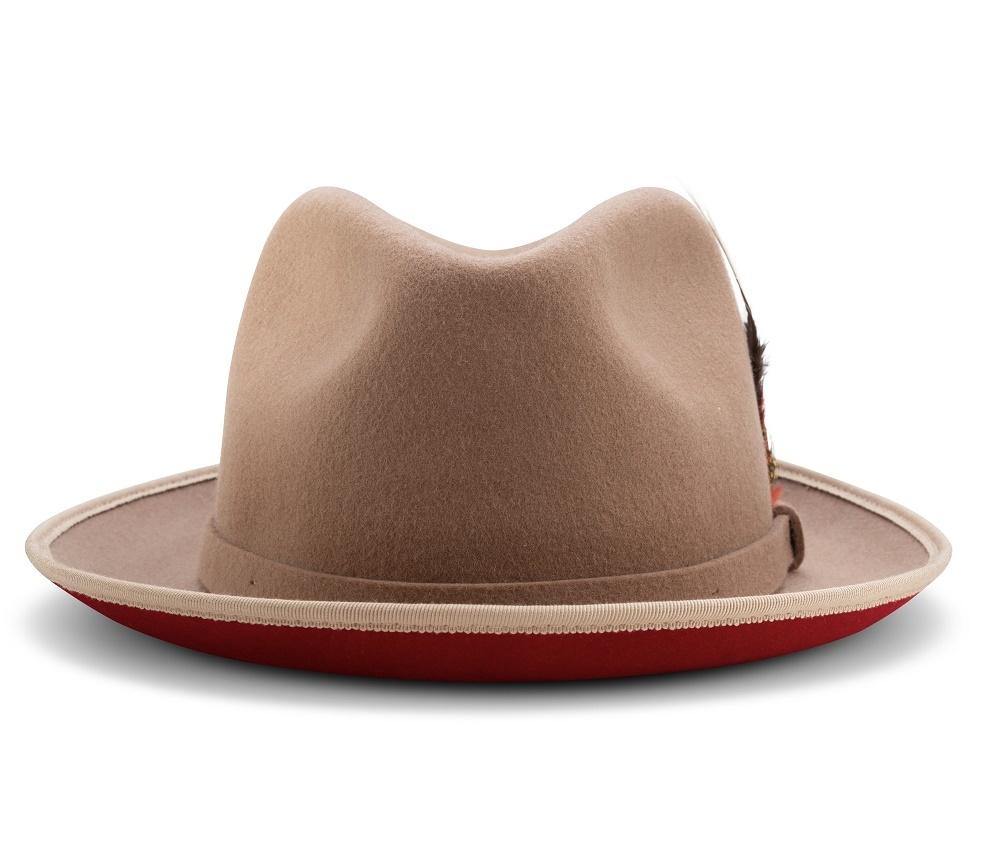 2  Brim Wool Felt Dress Hat with Feather Accent Tan with Red Bottom