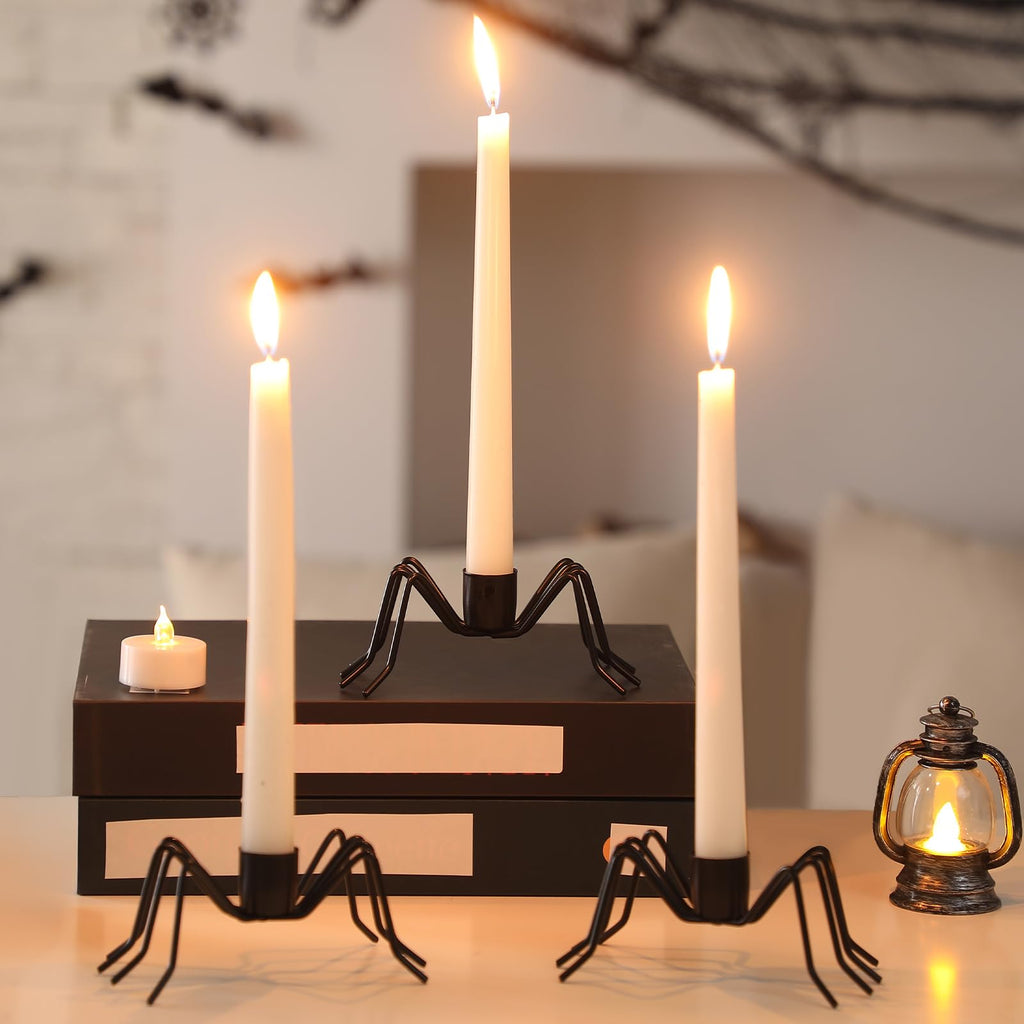 Black Spider Taper Candle Holders – 3-Pack Halloween Candlestick Decor