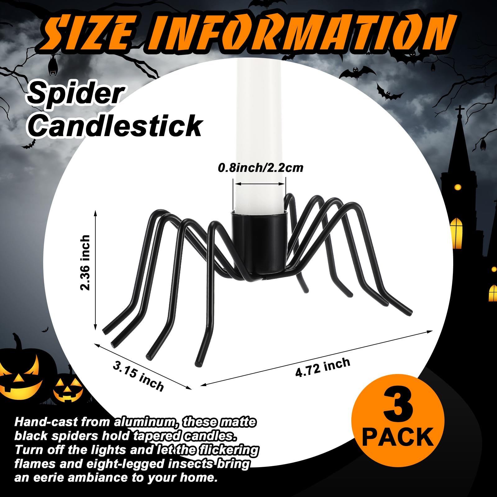 Black Spider Taper Candle Holders – 3-Pack Halloween Candlestick Decor