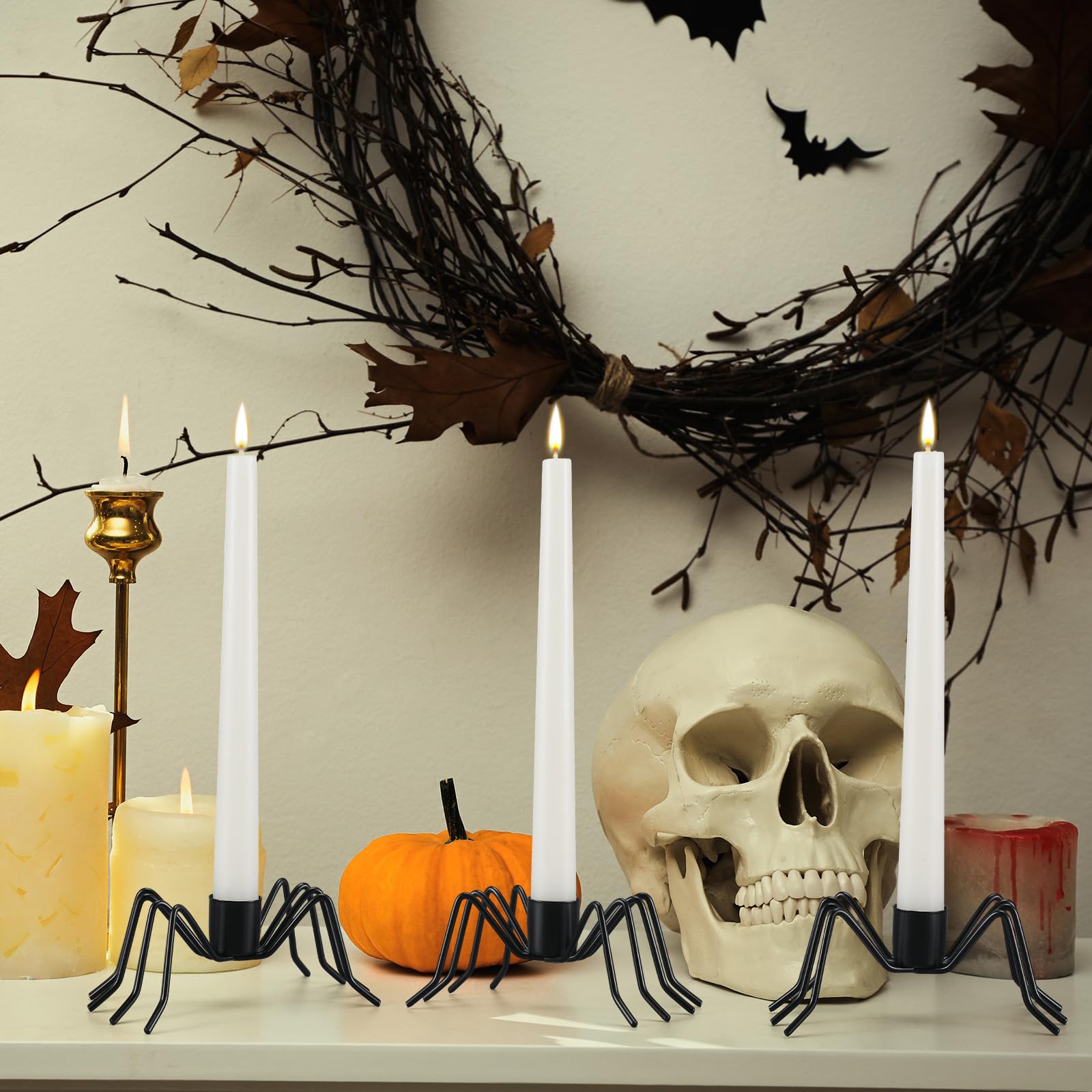 Black Spider Taper Candle Holders – 3-Pack Halloween Candlestick Decor