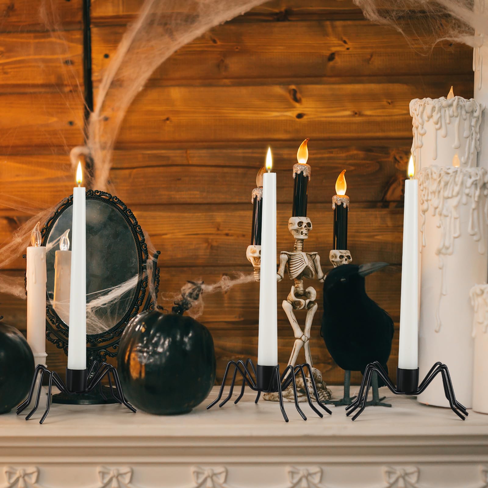 Black Spider Taper Candle Holders – 3-Pack Halloween Candlestick Decor