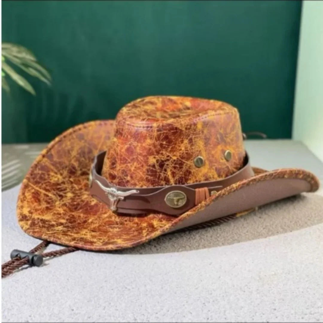 Vintage Faux Leather Western Cowboy Hat – Wide Brim Fedora for Men & Women