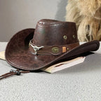 Vintage Faux Leather Western Cowboy Hat – Wide Brim Fedora for Men & Women