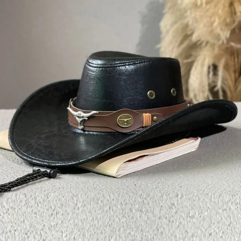 Vintage Faux Leather Western Cowboy Hat – Wide Brim Fedora for Men & Women