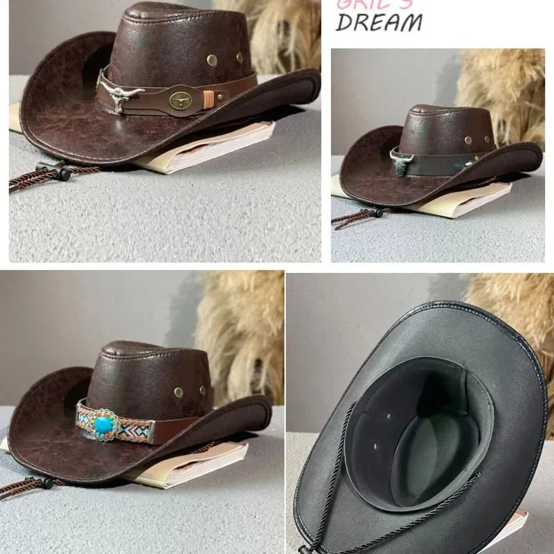 Vintage Faux Leather Western Cowboy Hat – Wide Brim Fedora for Men & Women