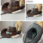 Vintage Faux Leather Western Cowboy Hat – Wide Brim Fedora for Men & Women