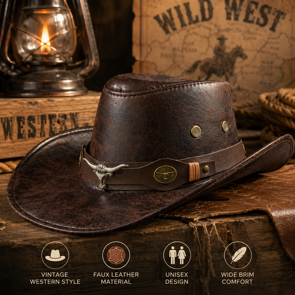Vintage Faux Leather Western Cowboy Hat – Wide Brim Fedora for Men & Women
