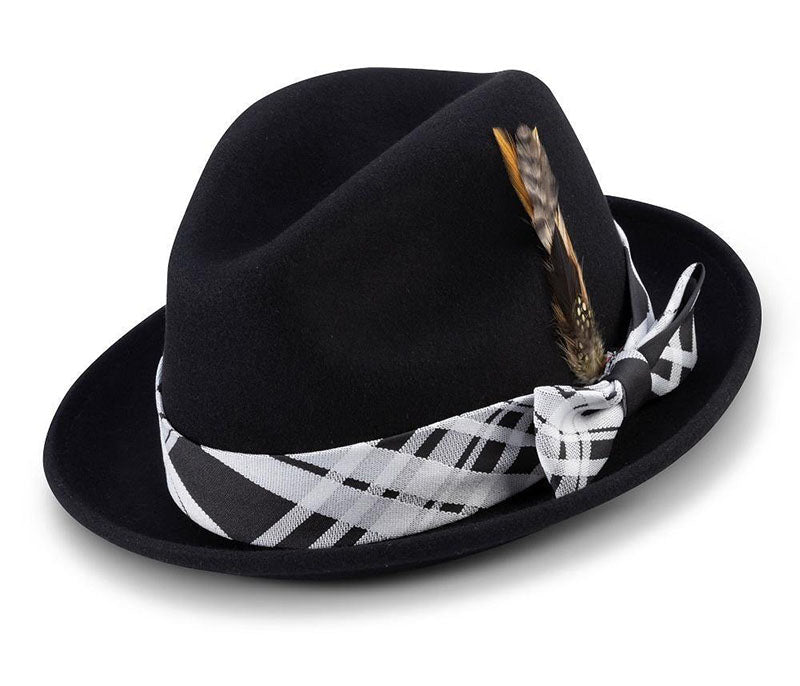 Black 2 Brim Plaid Ribbon Wool Felt Dress Hat