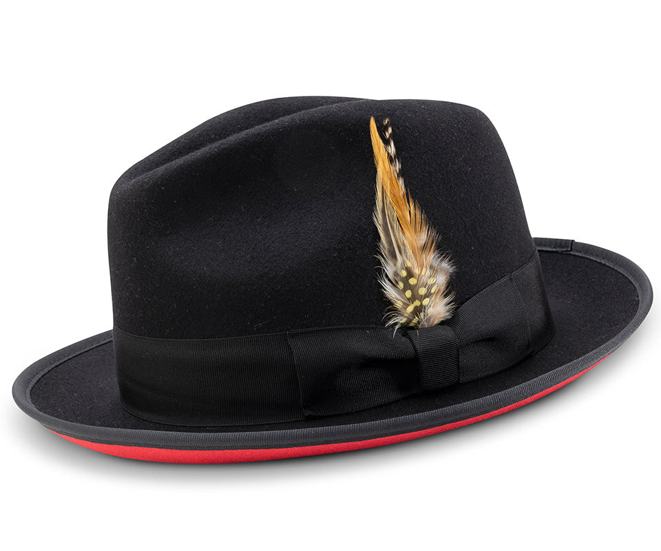 2  Brim Wool Felt Dress Hat with Feather Accent Black with Red Bottom