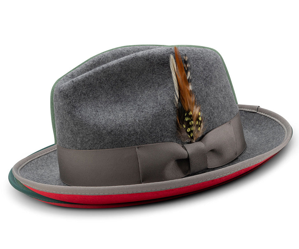 2  Brim Wool Felt Dress Hat with Feather Accent Gray with Red Bottom